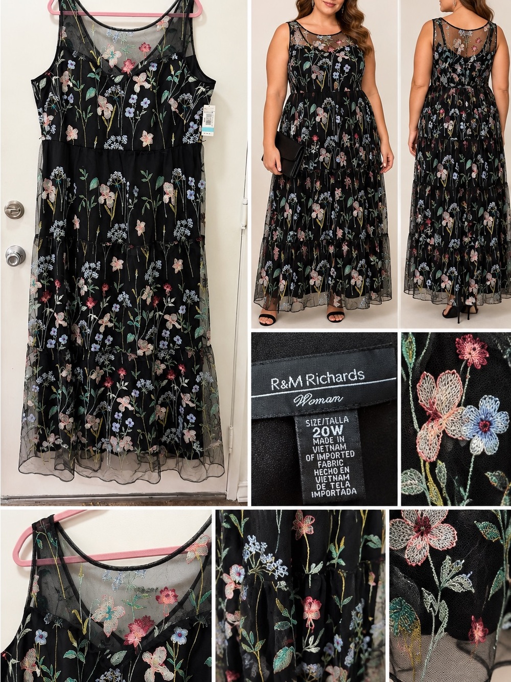 R&M Richards Floral Embroidered Mesh Maxi Dress 20W NWT